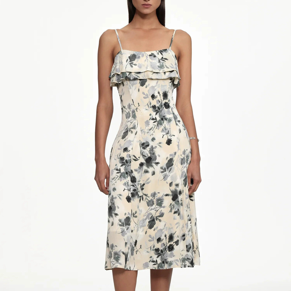 Forever 21 Summer Resort Spaghetti Strap Ruffle Print Fitted Midi Dress